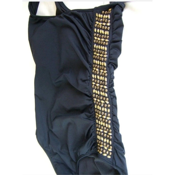 Laundry by Shelli Segal Black Gold One Shoulder Ruched Swim Suit Sze S - Picture 4 of 11